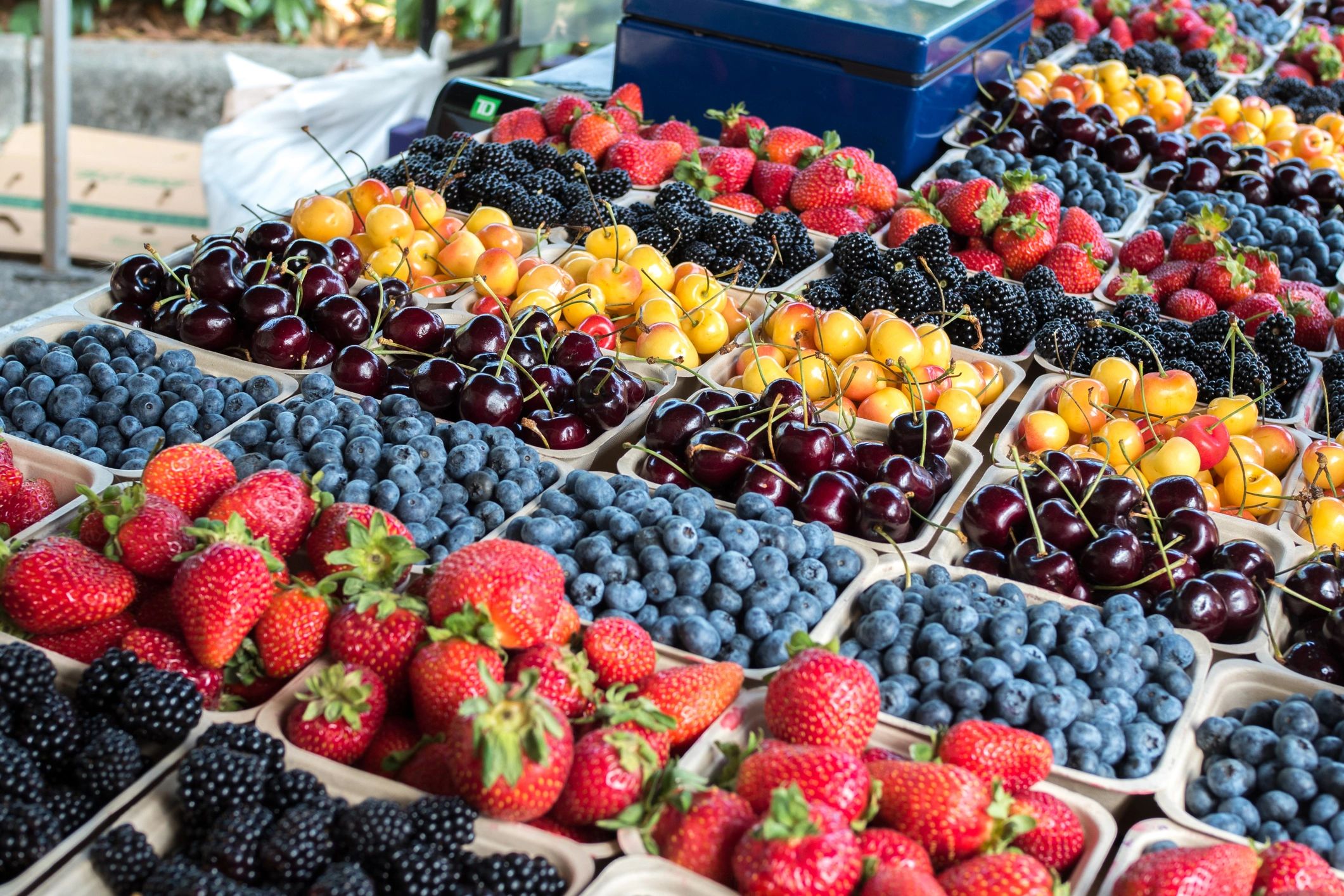 Organic berries and cherries at a market