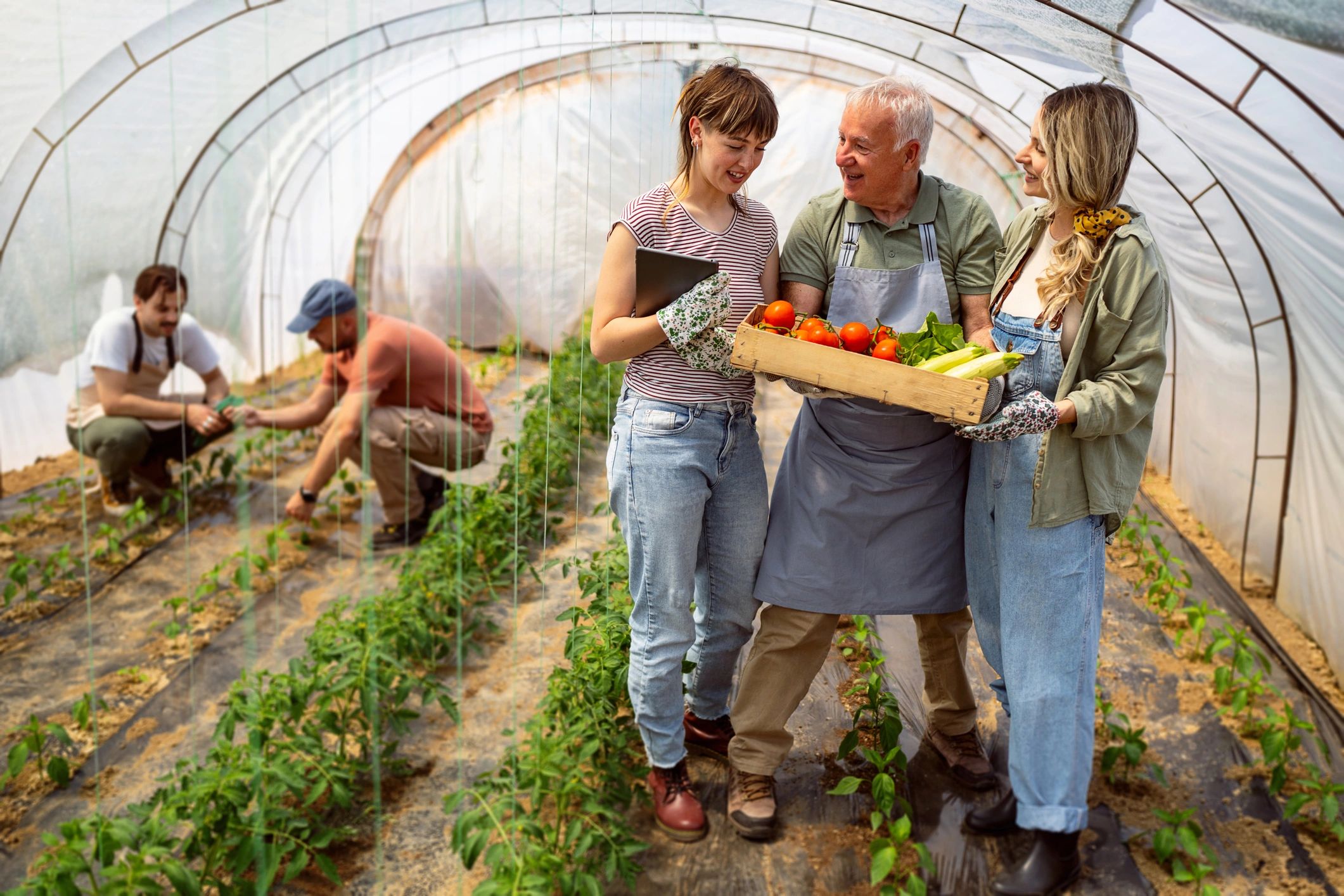 Farmer holding a crate of vegetables in a greenhouse with family