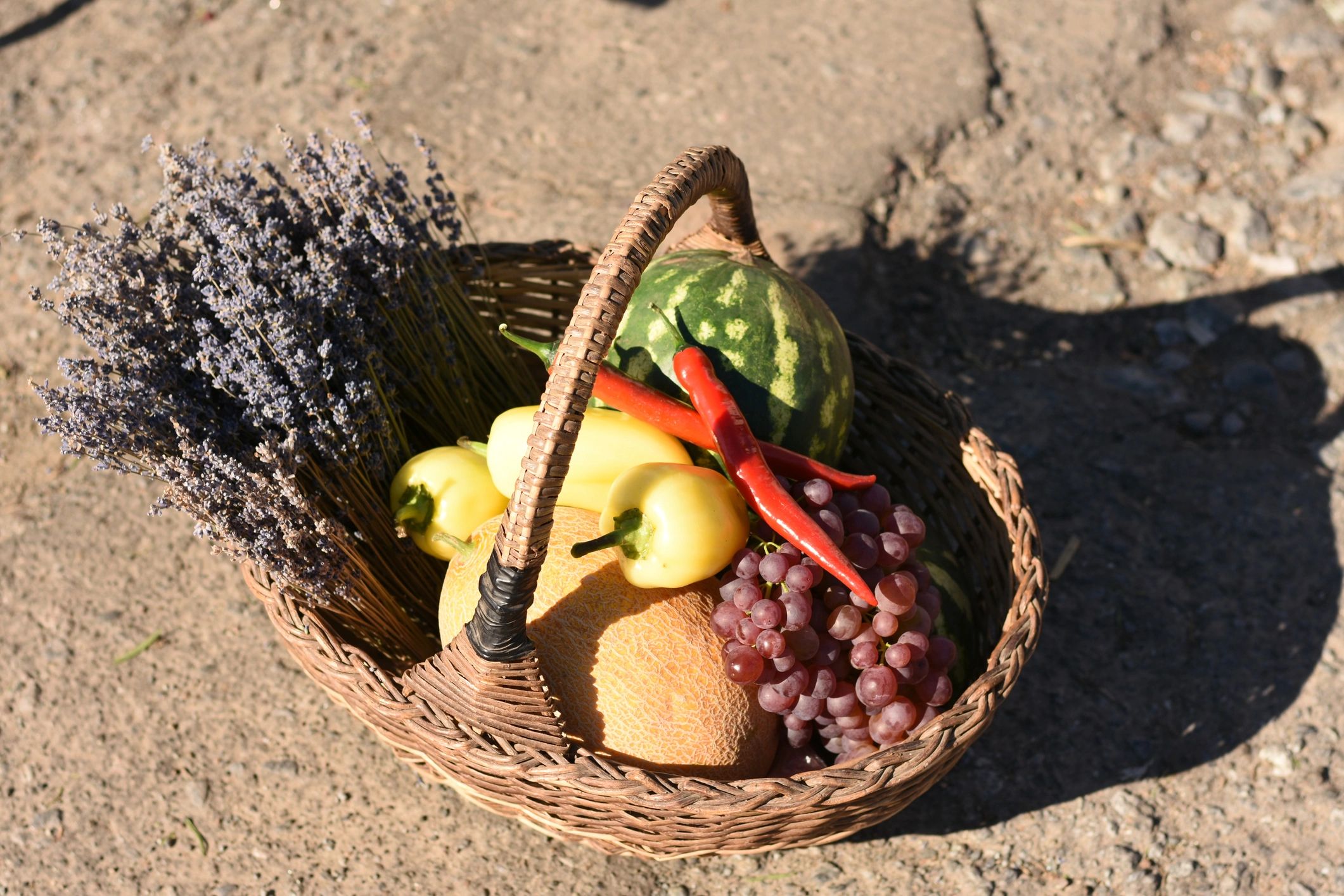 Basket filled with fresh fruits and vegetables