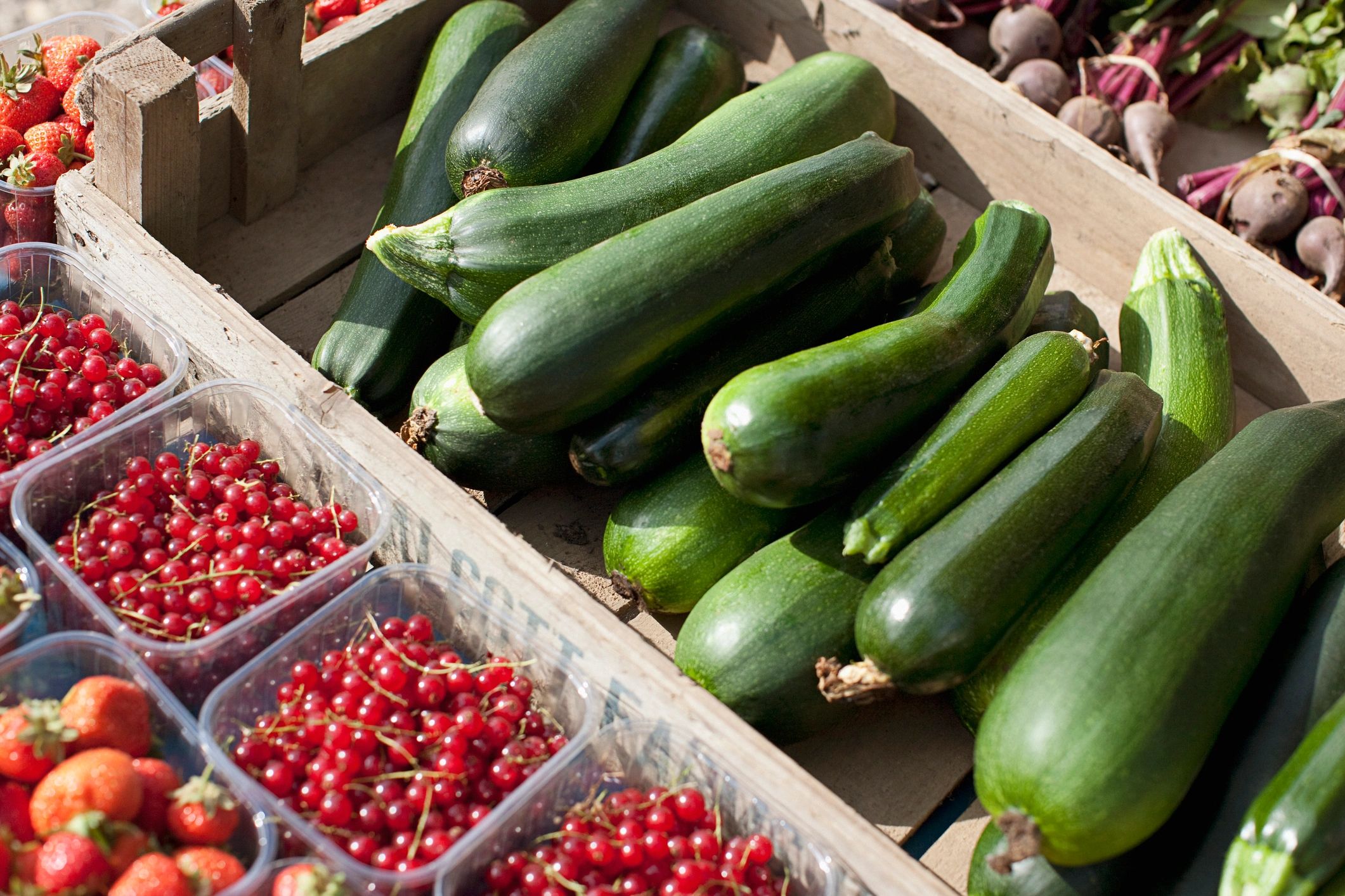 Fresh fruit and vegetables at a farmers market